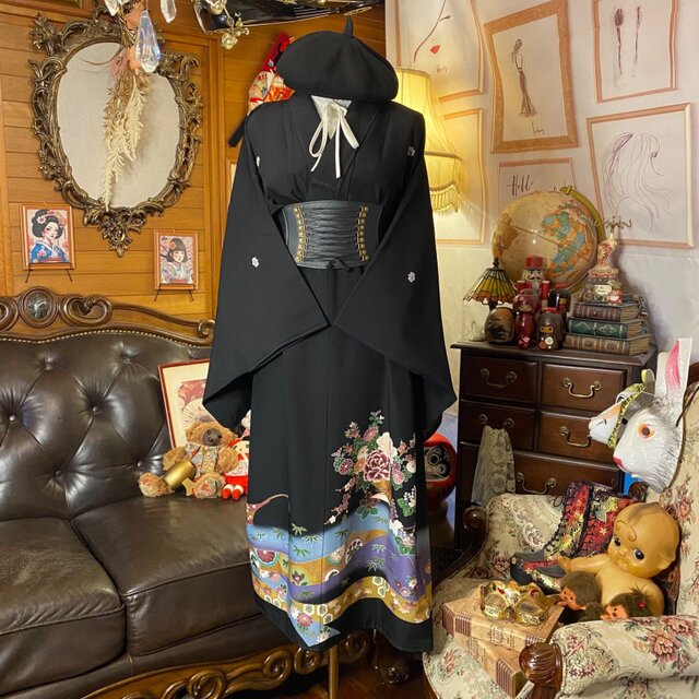 黒留袖 着物 リメイク ワンピース ドレス セミロング 和洋折衷 洗える