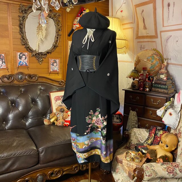 黒留袖 着物 リメイク ワンピース ドレス セミロング 和洋折衷 洗える