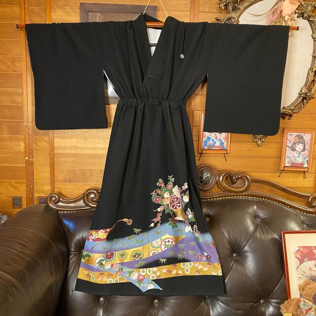 黒留袖 着物 リメイク ワンピース ドレス セミロング 和洋折衷 洗える