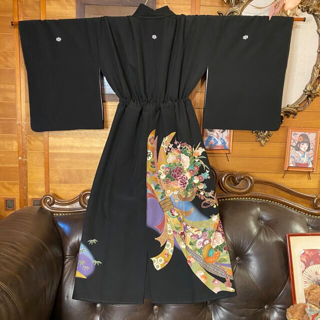黒留袖 着物 リメイク ワンピース ドレス セミロング 和洋折衷 洗える