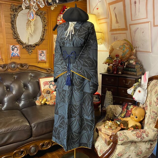 着物リメイク ワンピース ドレス ロング 洗える 化繊 帯サッシュベルト