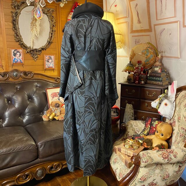 着物リメイク ワンピース ドレス ロング 洗える 化繊 帯サッシュベルト