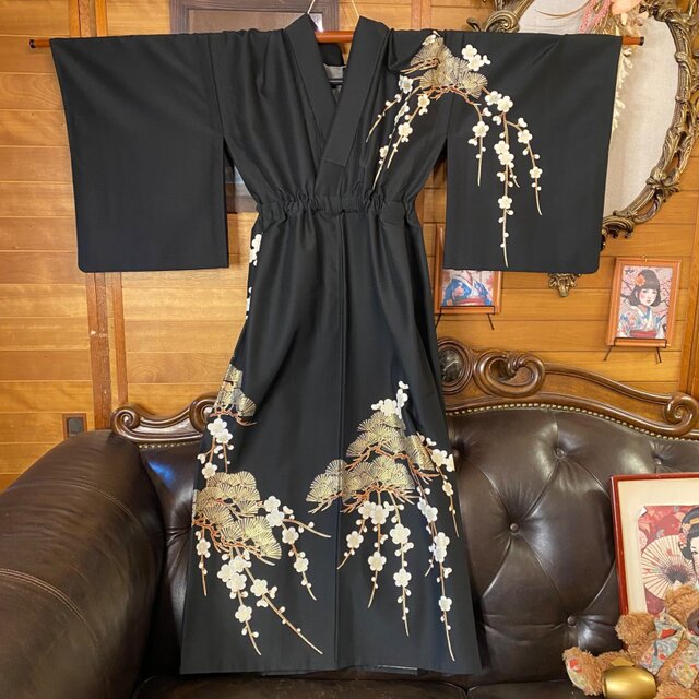 付け下げ 単衣着物リメイク ワンピース ドレス ロング 洗える 化繊