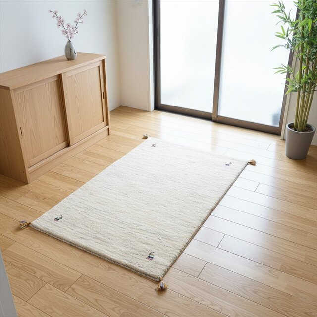 ペルシャ ギャッベ 玄関マット大 ラグ 130x82㎝ アイボリー シンプル