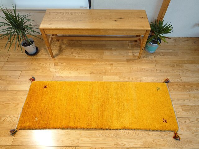 ペルシャ ギャッベ ランナー中 ラグ 148×50㎝ 黄金色 シンプル RJ16118