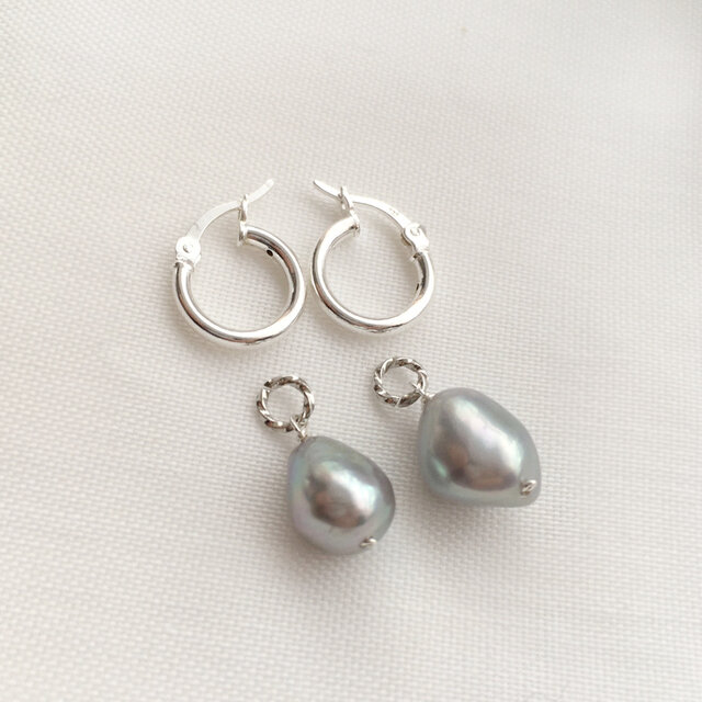 Silver925】グレーバロック 淡水真珠 パール シルバー フープピアス