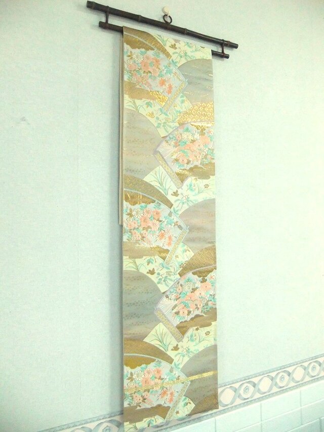 16)2410】180cm/純金箔扇小花文様/タペストリー・テーブルランナー