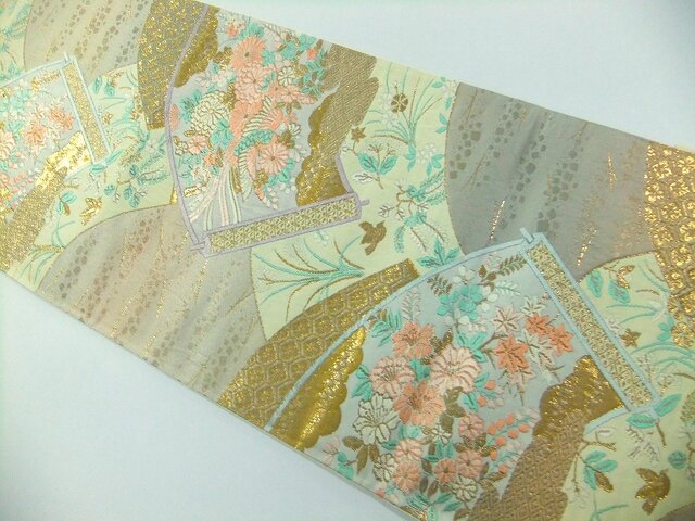 16)2410】180cm/純金箔扇小花文様/タペストリー・テーブルランナー