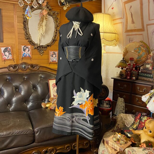 黒留袖 着物 リメイク ワンピース ドレス 和洋折衷 洗える 化繊 凛麗 黒留袖 着物 リメイク ワンピース ドレス 和洋折衷 洗える 化繊 凛麗