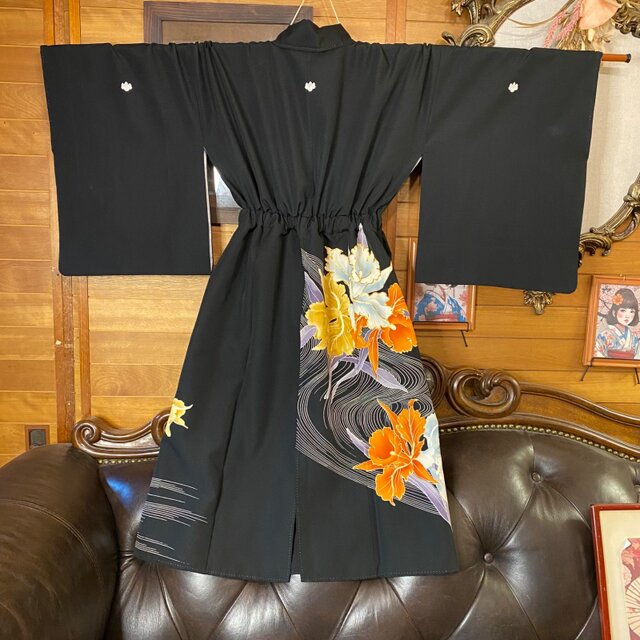 黒留袖 着物 リメイク ワンピース ドレス 和洋折衷 洗える 化繊 凛麗