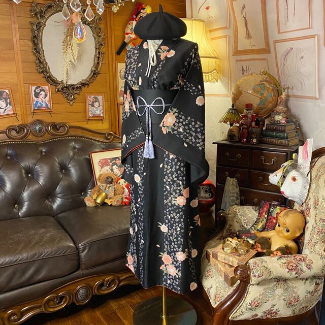 着物リメイク ワンピース ドレス ロング 洗える 化繊 帯 和洋折衷 漆黒