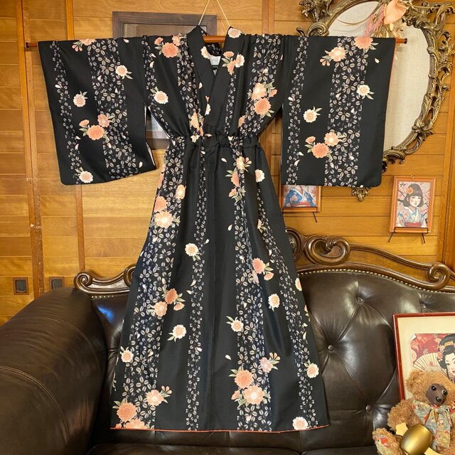 着物リメイク ワンピース ドレス ロング 洗える 化繊 帯 和洋折衷 漆黒