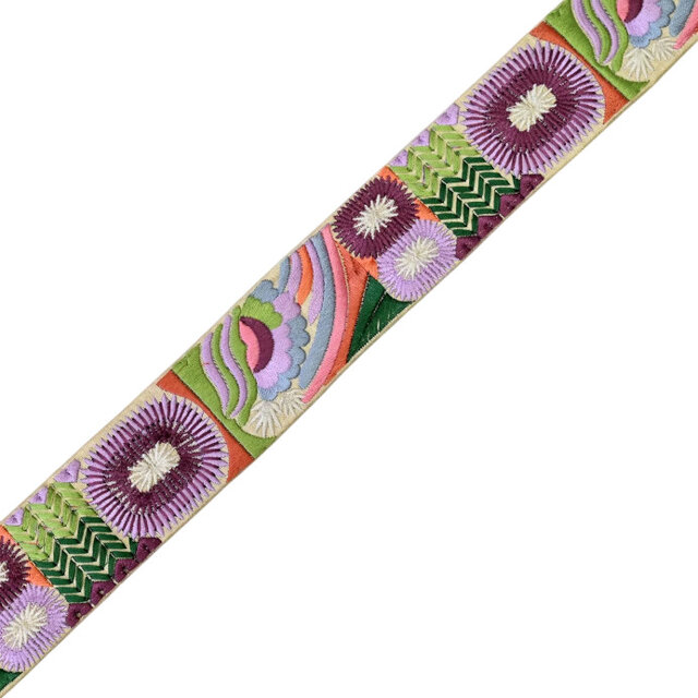 インド刺繍リボン50cm切り売り ボーホーフラワー パープル 4.8cm幅 花