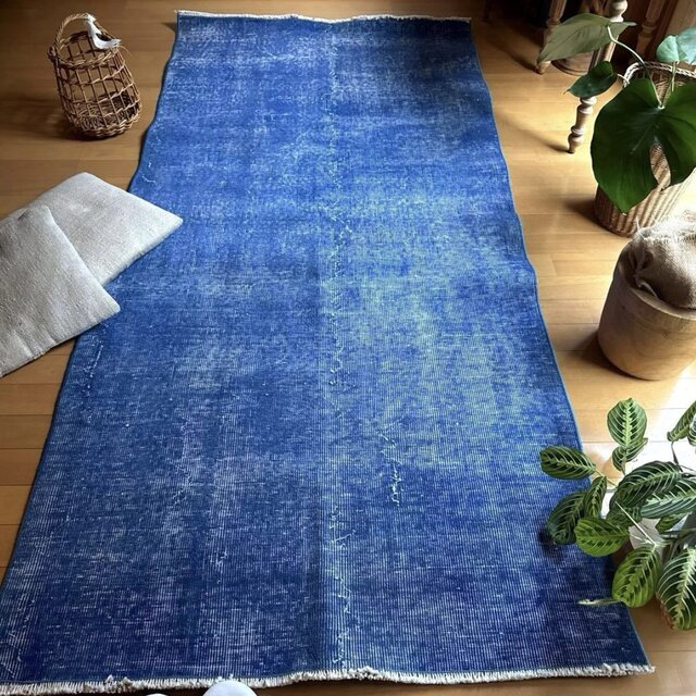99×212青空色オーバーダイ　ワンカラー　ブルートルコヴィンテージラグ 99×212青空色オーバーダイ ワンカラーラグ トルコヴィンテージラグ