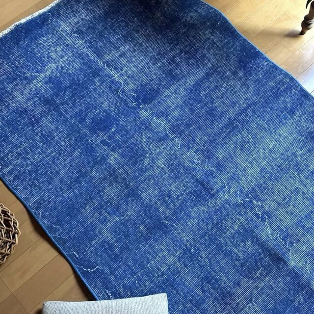 99×212青空色オーバーダイ ワンカラーラグ トルコヴィンテージラグ