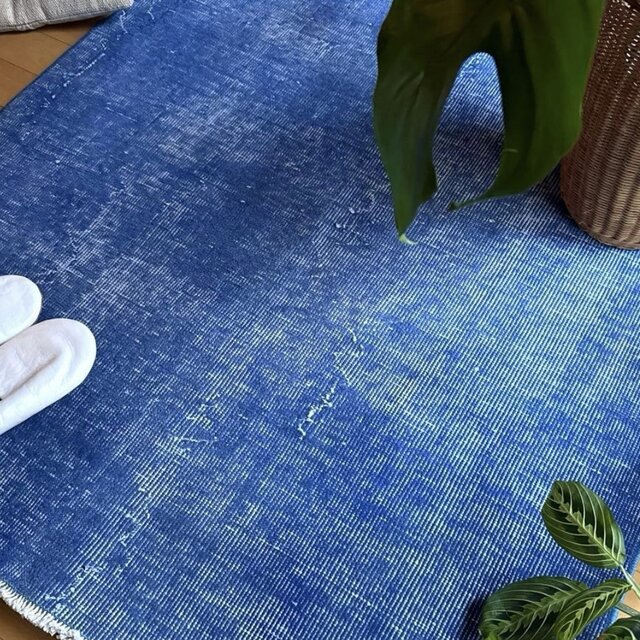 99×212青空色オーバーダイ ワンカラーラグ トルコヴィンテージラグ