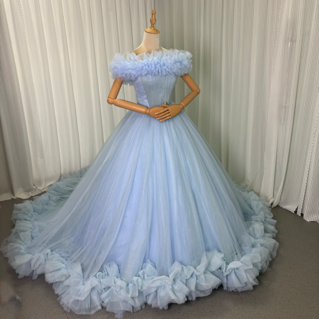 カラードレス ブルー 取り外しオフショルダー キラキラチュール フレア