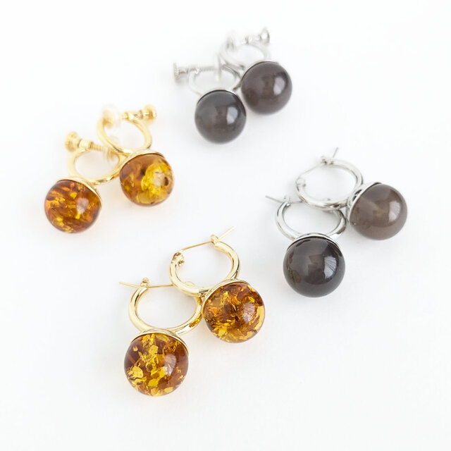 イヤリング[Amber ball/Gold] 琥珀 アンバー バルト海 天然石 フープ