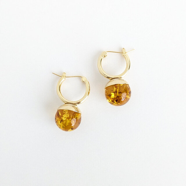 SUS316ピアス[Amber ball/Gold] 琥珀 アンバー バルト海 天然石