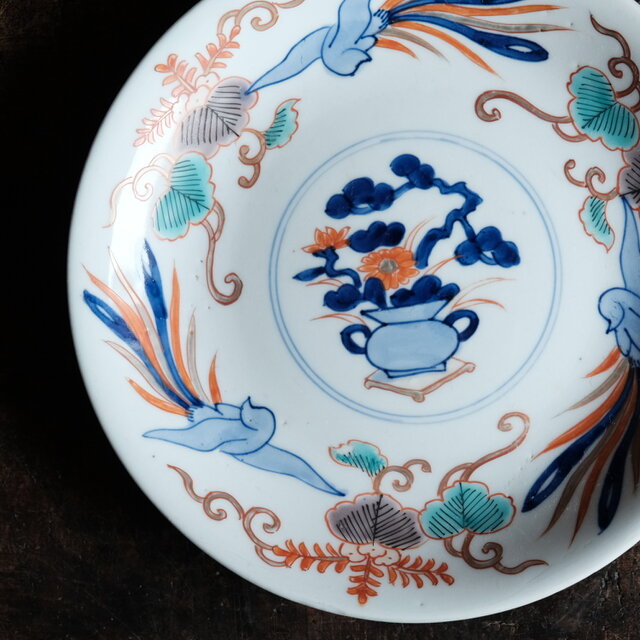 見込みに花籠◇桐と鳳凰。伊万里 花文赤絵金彩中皿 骨董・antique 古