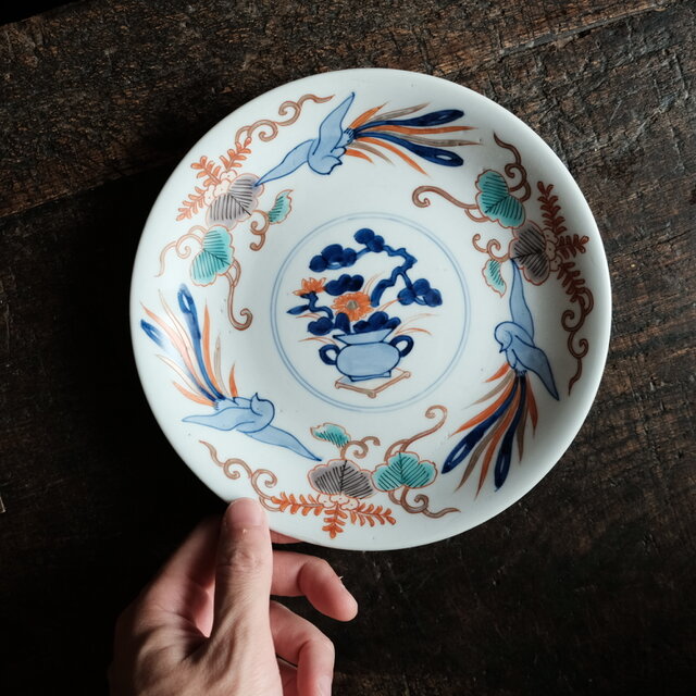 見込みに花籠◇桐と鳳凰。伊万里 花文赤絵金彩中皿 骨董・antique 古