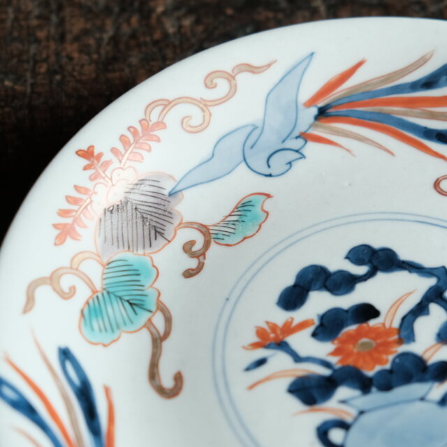 見込みに花籠◇桐と鳳凰。伊万里 花文赤絵金彩中皿 骨董・antique 古
