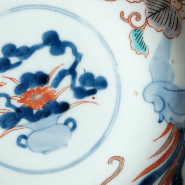 見込みに花籠◇桐と鳳凰。伊万里 花文赤絵金彩中皿 骨董・antique 古