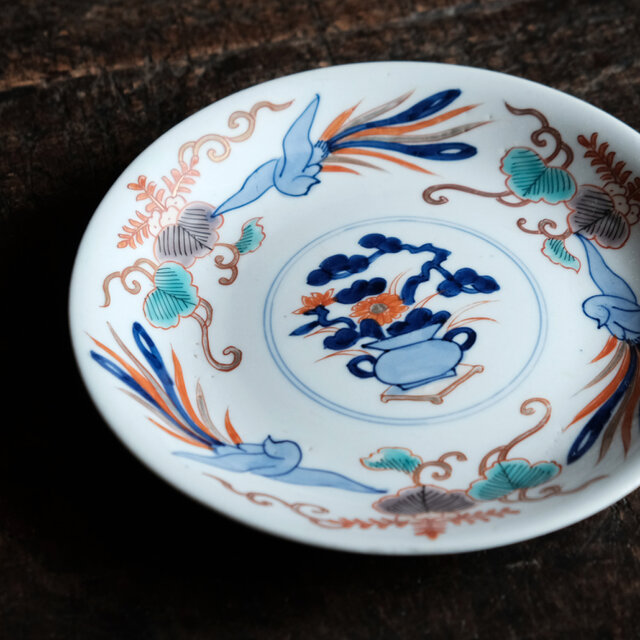 アンティーク 骨董 漆器 香合 青白磁 花柄 蟹デザイン 小物入れ