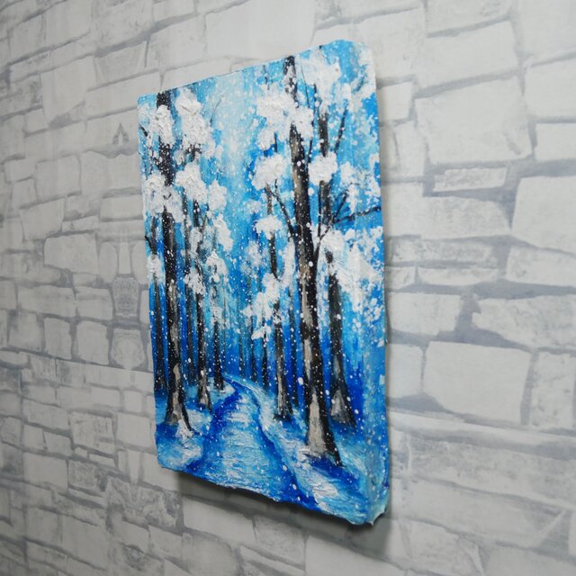油絵 原画 油彩画 絵画 「白銀の森の小道」 冬 景色 風景画 インテリア