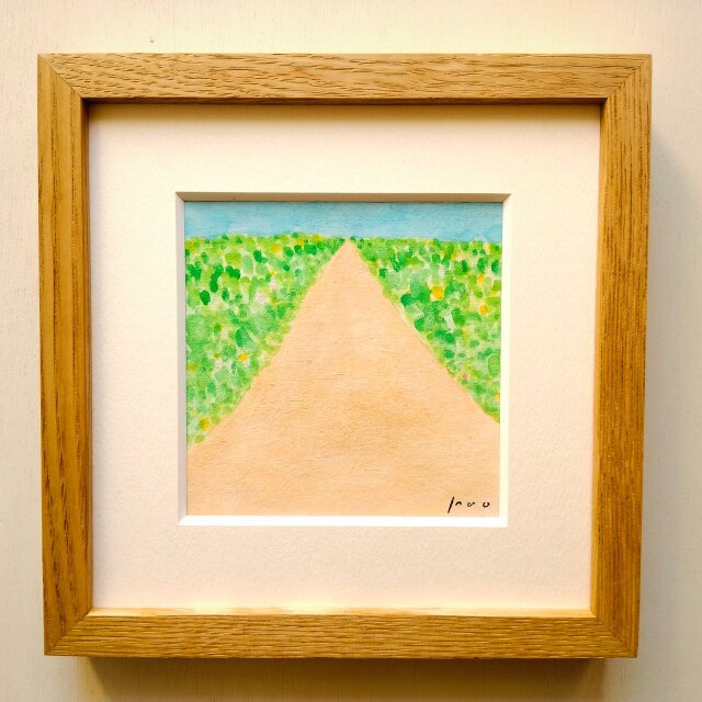 一点物】原画「空へ続く道」※木製額縁入り（18㎝角）・水彩・イラスト