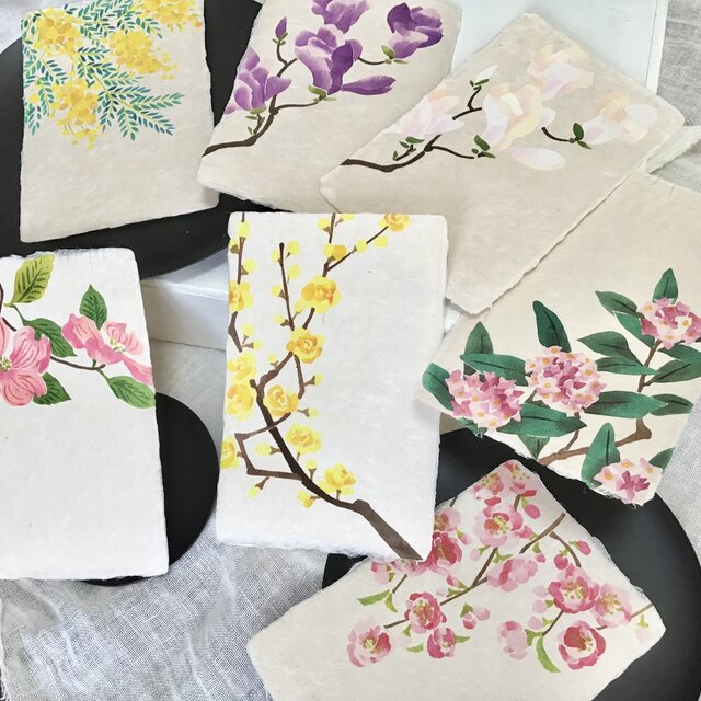 受注生産】型染手漉き和紙絵はがき 春の花木 7種セット | iichi 日々の