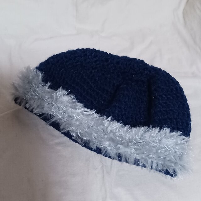 ネイビー ベレー帽 グレーボア ニット帽 手編み ハンドメイド | iichi