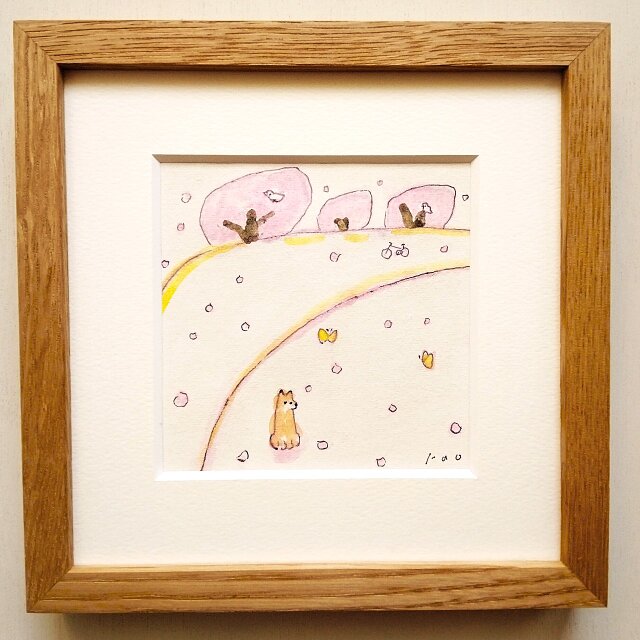 春を呼びこむ絵】原画「桜の季節」※18㎝角 栗材の木製額縁入り 一点物