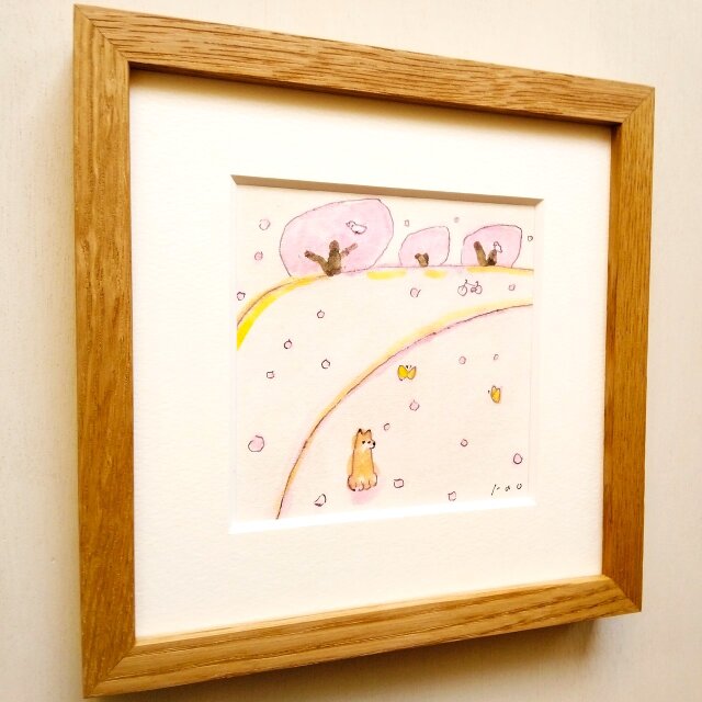 春を呼びこむ絵】原画「桜の季節」※18㎝角 栗材の木製額縁入り 一点物