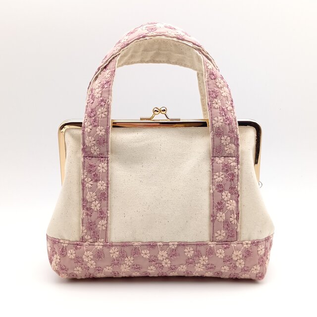 春カラー 花柄刺繍 がま口ハンドバッグ トートバッグ風 18cm口金 