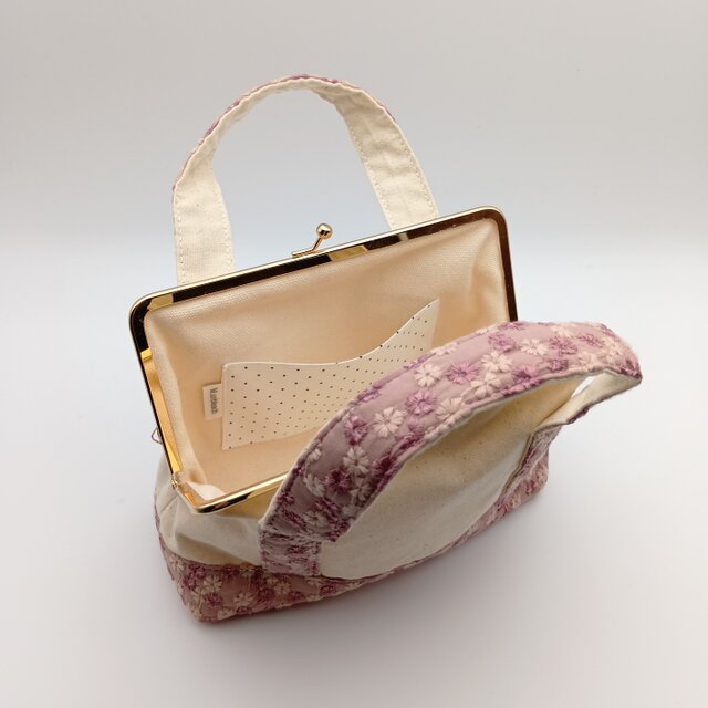 春カラー 花柄刺繍 がま口ハンドバッグ トートバッグ風 18cm口金 