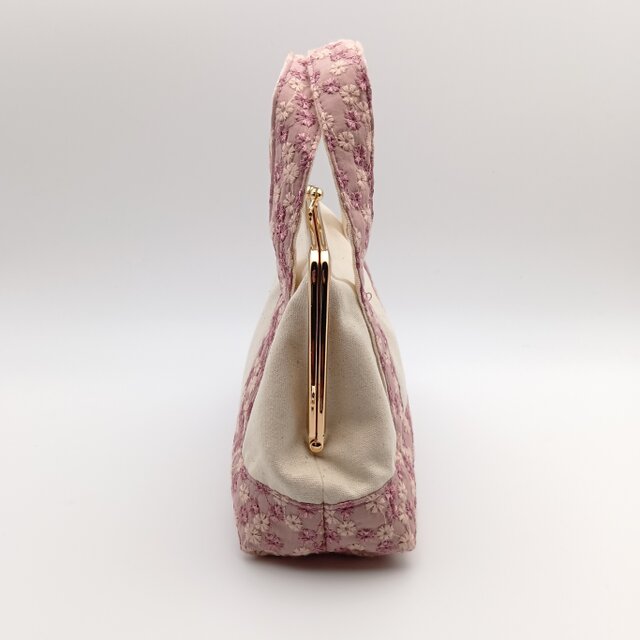 春カラー 花柄刺繍 がま口ハンドバッグ トートバッグ風 18cm口金 