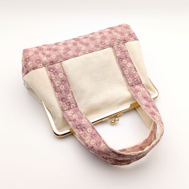 春カラー 花柄刺繍 がま口ハンドバッグ トートバッグ風 18cm口金 