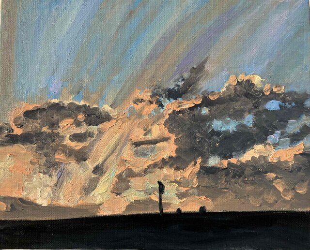 油彩画 原画「近所の風景 高速と空2」アート 絵画 22×27㎝ F3