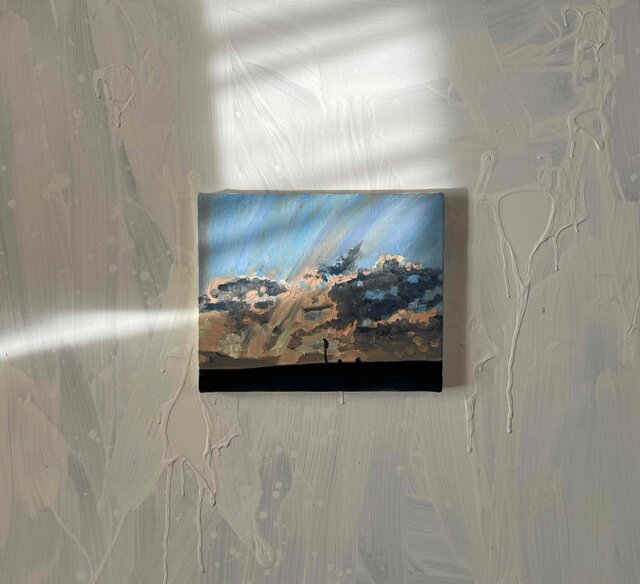 油彩画 原画「近所の風景 高速と空2」アート 絵画 22×27㎝ F3