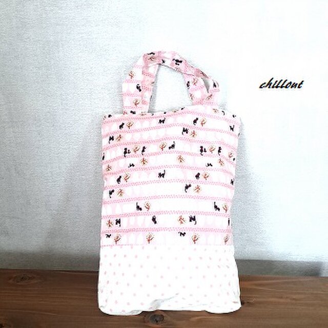 入園・入学】入園バッグ5点セット：ピンクの猫柄切り替えセット【0022