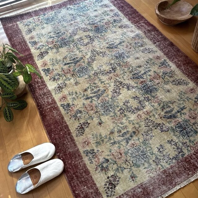 貴重116×190 幸せの青い鳥 ボタニカル シャビー トルコヴィンテージ