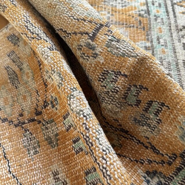 59×147オレンジボタニカル 擦れ ランナー トルコヴィンテージラグ