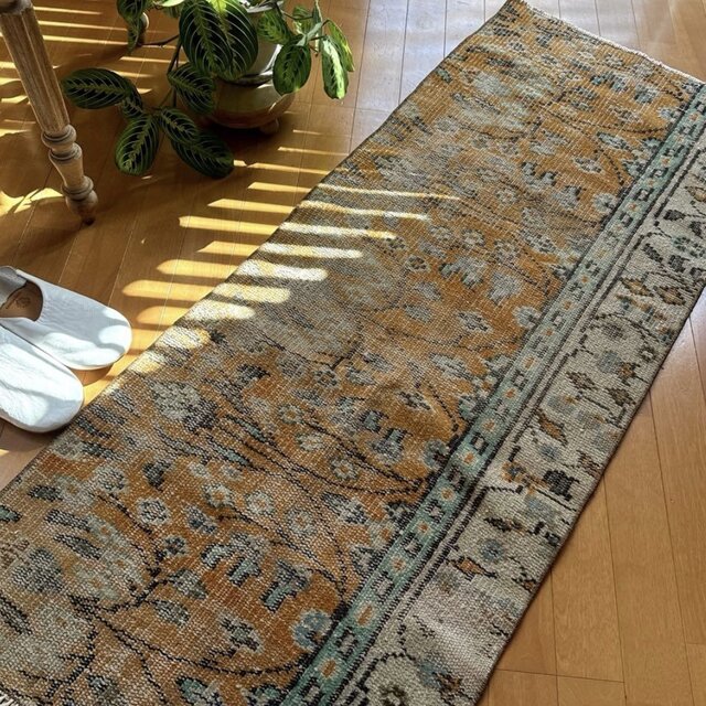 ヴィンテージ　トルコラグ　ランナー 59×147オレンジボタニカル 擦れ ランナー トルコヴィンテージラグ