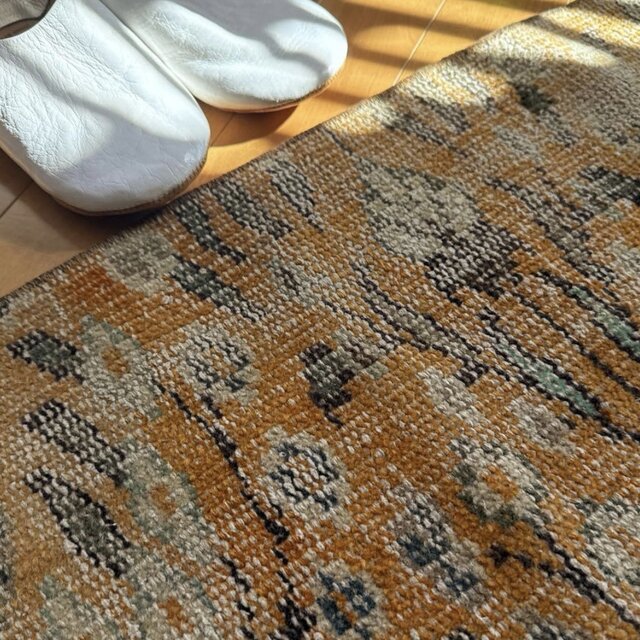 59×147オレンジボタニカル 擦れ ランナー トルコヴィンテージラグ