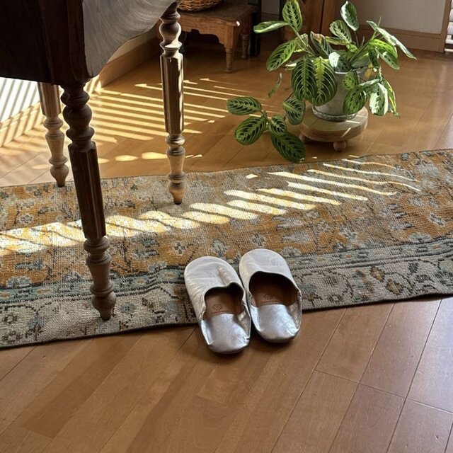 59×147オレンジボタニカル 擦れ ランナー トルコヴィンテージラグ