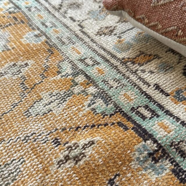 59×147オレンジボタニカル 擦れ ランナー トルコヴィンテージラグ