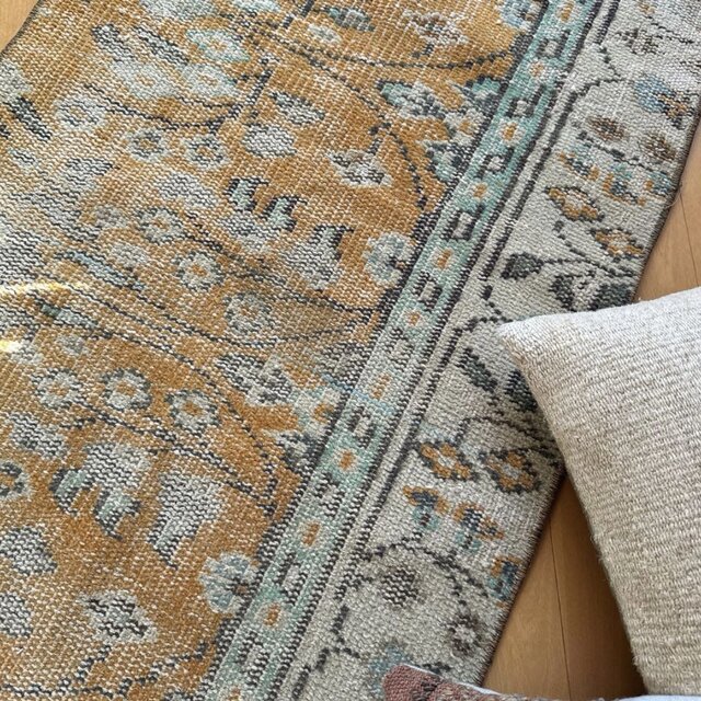 59×147オレンジボタニカル 擦れ ランナー トルコヴィンテージラグ