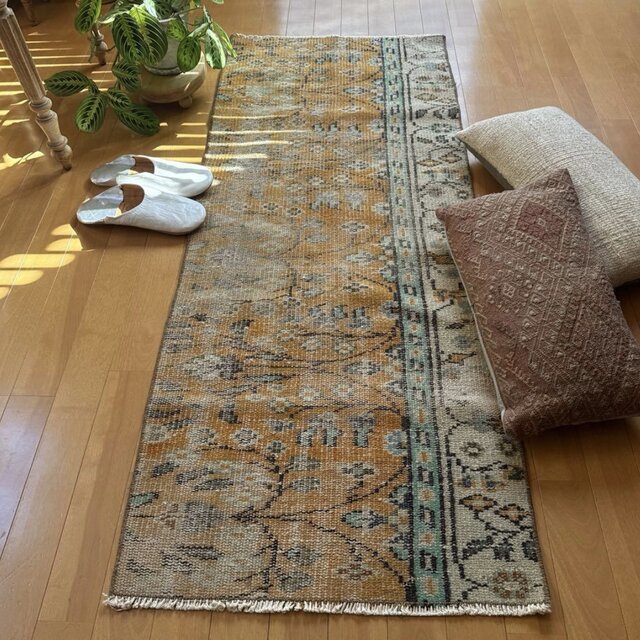 59×147オレンジボタニカル 擦れ ランナー トルコヴィンテージラグ