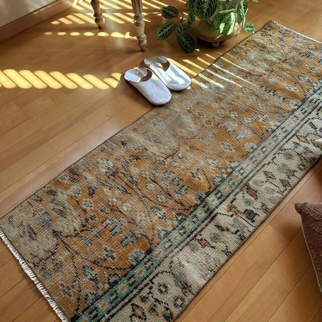 59×147オレンジボタニカル 擦れ ランナー トルコヴィンテージラグ